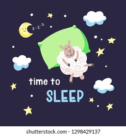 Background with cute cartoon sheep lying on the green pillow. Vector illustration.