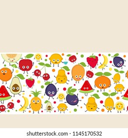 Background with cute cartoon smiling fruits . Design card.