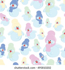 Background cute cartoon snowman in hat and scarf.
