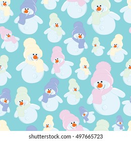 Background cute cartoon snowman in hat and scarf.
