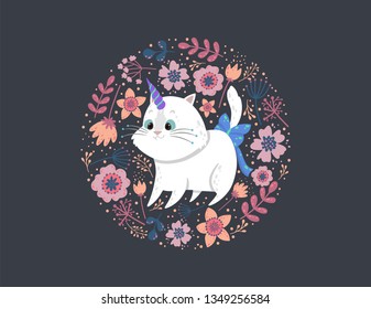 Background with a cute cat unicorn, leaves, and flowers.Circle card design.Childish background with a caticorn in a round frame.Social media, poster, greeting card, gift, banner, textile, T-shirt