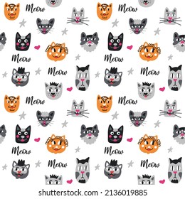 Background with cute cats and cats in the style of a children's drawing. The inscription meow and the heads of different breeds of cats