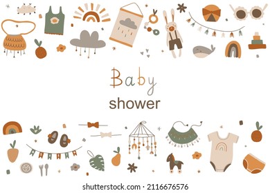 Background of cute children's boho items in scandinavian style. Editable vector illustration.