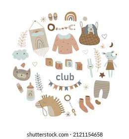Background of cute children's boho items in scandinavian style. Editable vector illustration.