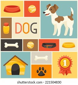 Background with cute dog, icons and objects.