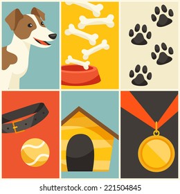 Background with cute dog, icons and objects.