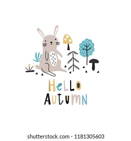 Background with cute doodle hare in a forest and text - hello autumn isolated on a white background. Vector illustration for children in Scandinavian style.