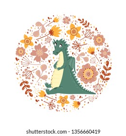 Background with a cute dragon, leaves, and flowers.Circle card design.Childish background with a dragon in a round frame.Social media, poster, greeting card, gift, banner, textile, T-shirt, cup.