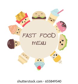 Background with cute fast food meals. Cute cartoon characters. Fast food menu.