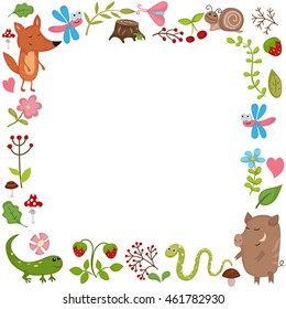 Background with cute forest animals and plants.