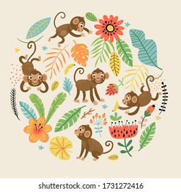 Background with Cute and funny monkeys