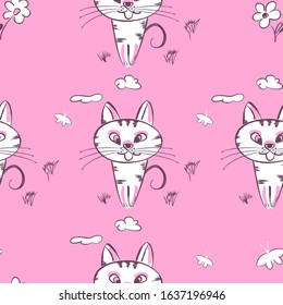 Background with cute hand drawn cartoon cat. Graphic print for t-shirt. Vector seamless pattern for fashion prints.