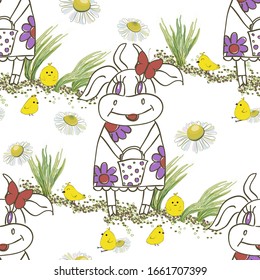 Background with cute hand drawn cartoon cow. Graphic print for t-shirt. Vector seamless pattern for children.