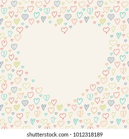 Background with cute hand drawn hearts and copyspace. Valentine's Day, Mother's Day or Women's Day. Vector.