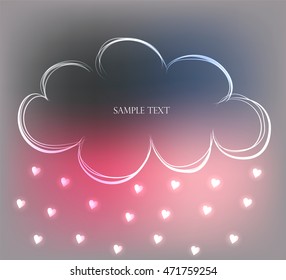 Background with cute hand drawn outline cloud in the sky and rain of little hearts, vector illustration. Can be used as greeting or invitation card