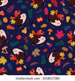 Background of cute hedgehogs among autumn leaves and fruits with mushrooms on blue background 