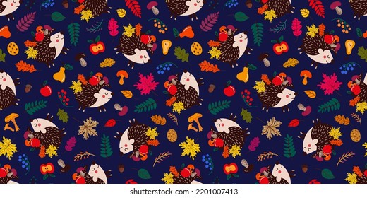 Background of cute hedgehogs among autumn leaves and fruits with mushrooms on blue background 