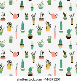 Background with cute house plants in pots, hand drawn in scandinavian style. Colorful botanical seamless pattern. Perfect for wrapping paper. Vector illustration.