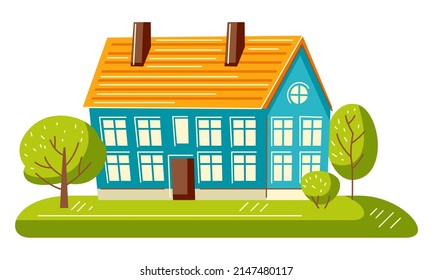 Background with cute house and trees. Country cottage illustration.