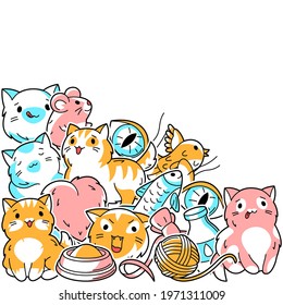 Background with cute kawaii cats. Fun animal illustration.