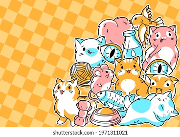 Background with cute kawaii cats. Fun animal illustration.