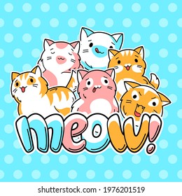 Background with cute kawaii cats. Fun animal illustration.