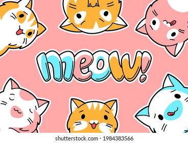 Background with cute kawaii cats. Fun animal illustration.