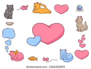 Background with cute kawaii cats. Fun animal illustration.