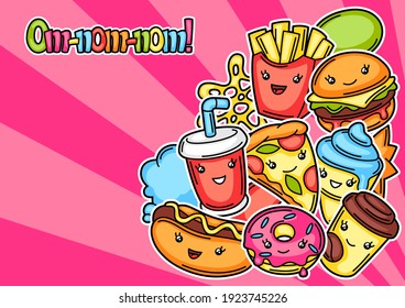 Background With Cute Kawaii Fast Food Meal. Tasty Funny Characters Of Fastfood.