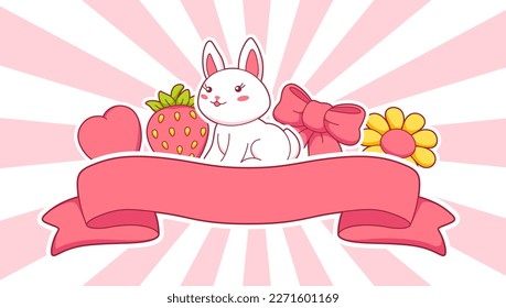 Background with cute kawaii little bunnies. Funny characters and decorations in cartoon style.