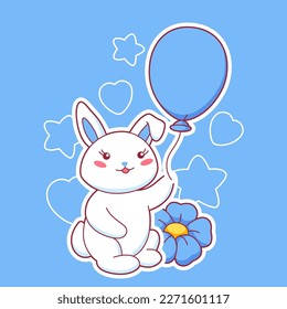 Background with cute kawaii little bunny. Funny character and decorations in cartoon style.