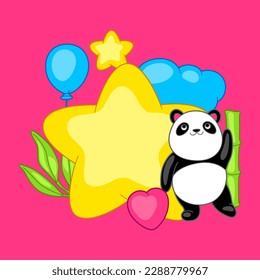 Background with cute kawaii little panda. Funny character and decorations in cartoon style.