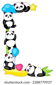 Background with cute kawaii little pandas. Funny characters and decorations in cartoon style.