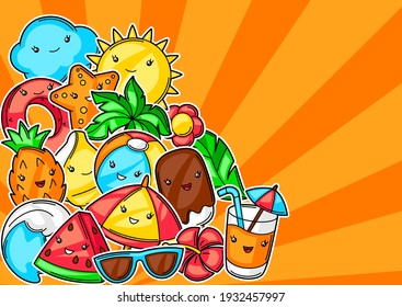 Background with cute kawaii summer items. Vacation and beach funny character.