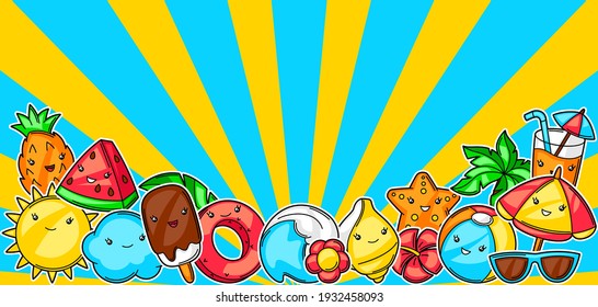 Hintergrund mit süßen kawaii Sommerartikeln. Urlaub und Strand lustigen Charakter.