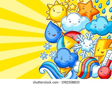 Antecedentes con adorables elementos climáticos kawaii. Graciosa ilustración infantil estacional.