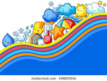 Background with cute kawaii weather items. Funny seasonal child illustration.