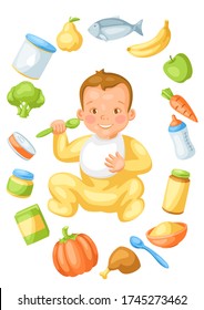 Background with cute little baby and food items. Healthy child feeding.
