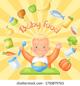 Background with cute little baby and food items. Healthy child feeding.