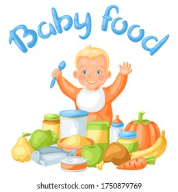 Background with cute little baby and food items. Healthy child feeding.