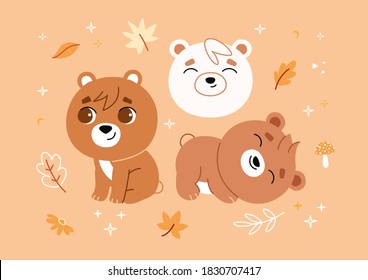 Background with cute little bears. Soft pastel colors. Vector illustration for kids.