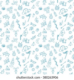 Background for cute little boys. Hand drawn children drawings color seamless pattern. Doodle children drawing background. Vector illustration
