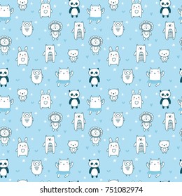 Background for cute little boys. Hand drawn seamless pattern for children with funny animals. Doodle children drawing background. Kids design. Vector illustration