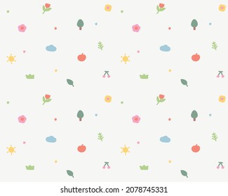 Background with cute little flowers, trees, cherries and plants. Simple pattern design template.