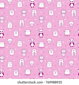 Background for cute little girls. Hand drawn seamless pattern for children with funny animals. Doodle children drawing background. Kids design. Vector illustration