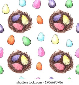 Background of cute nest with eggs. Cute Easter poster of a bird house. Colored beautiful eggs in a wicker basket. Spring illustration Easter, eggs, foliage. Beautiful children's pattern. Vector