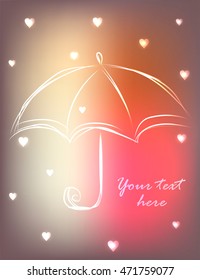 Background with cute outline umbrella and rain of little hearts, vector illustration. Can be used as greeting or invitation card