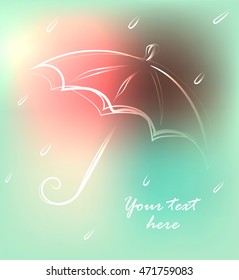 Background with cute outline umbrella and rain, vector illustration. Can be used as greeting or invitation card