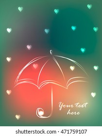 Background with cute outline umbrella and rain of little hearts, vector illustration. Can be used as greeting or invitation card