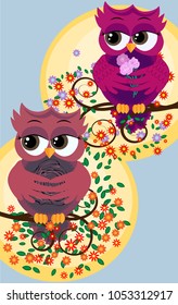 Background with a cute owls sitting on the branch